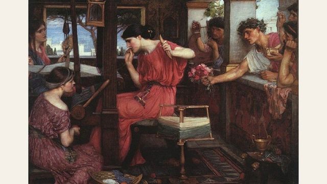 Penélope e os Pretendentes, pintura de John William Waterhouse (1912), retratando a espera fiel de Penélope